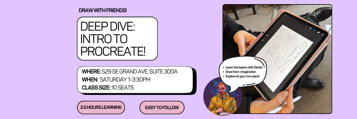 Deep Dive: Intro to Procreate! Woman holding iPad drawing a character.